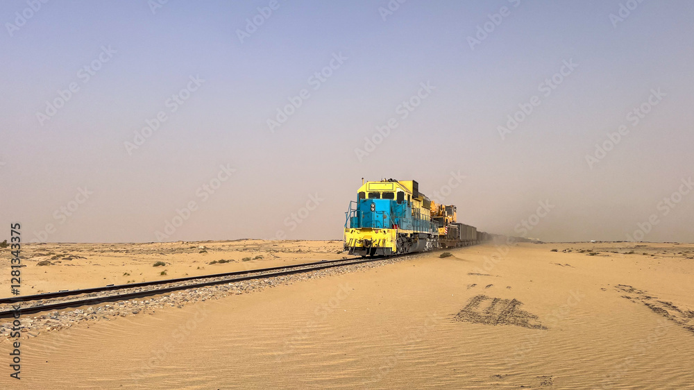 Obraz premium One of the powerful diesel locomotives of the train that crosses the Mauritanian Sahara desert between Zouerate and Nouadhibou. It is one of the heaviest trains in the world