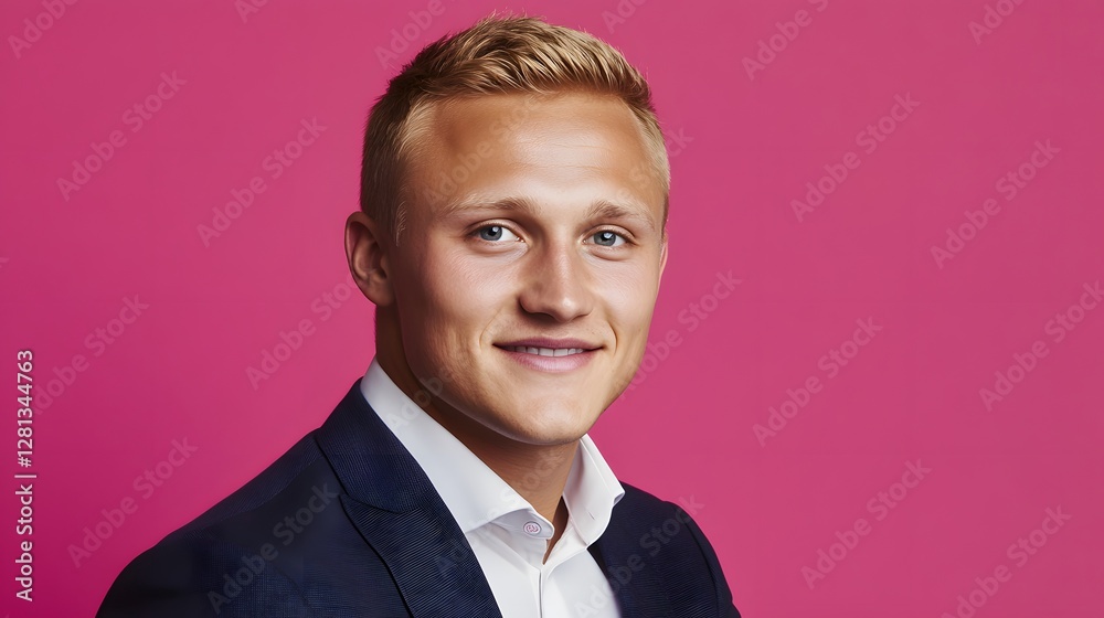Portrait of a Smiling Young Businessman in Suit Against Pink Background Portrait of a Smiling Young Businessman in Suit Against Pink Background