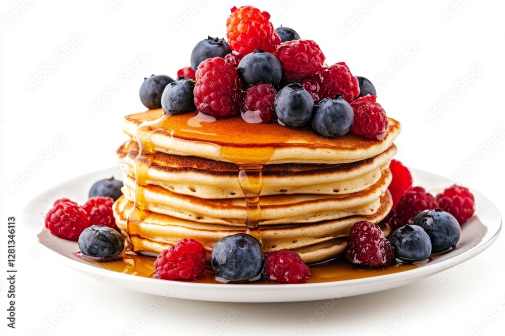 Stacked pancakes topped with berries and syrup on a plate Stacked pancakes topped with berries and syrup on a plate