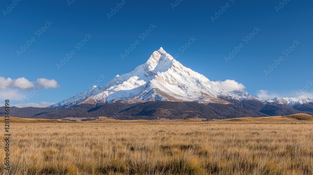 Snow-capped mountain peak, autumn field, clear sky, travel poster Snow-capped mountain peak, autumn field, clear sky, travel poster