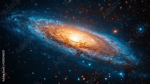 Spiral galaxy with bright core, blue and orange hues, stars, cosmic dust, deep space.