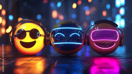 Emoji in VR/AR Headsets  Smiley faces with futuristic tech overlays. 