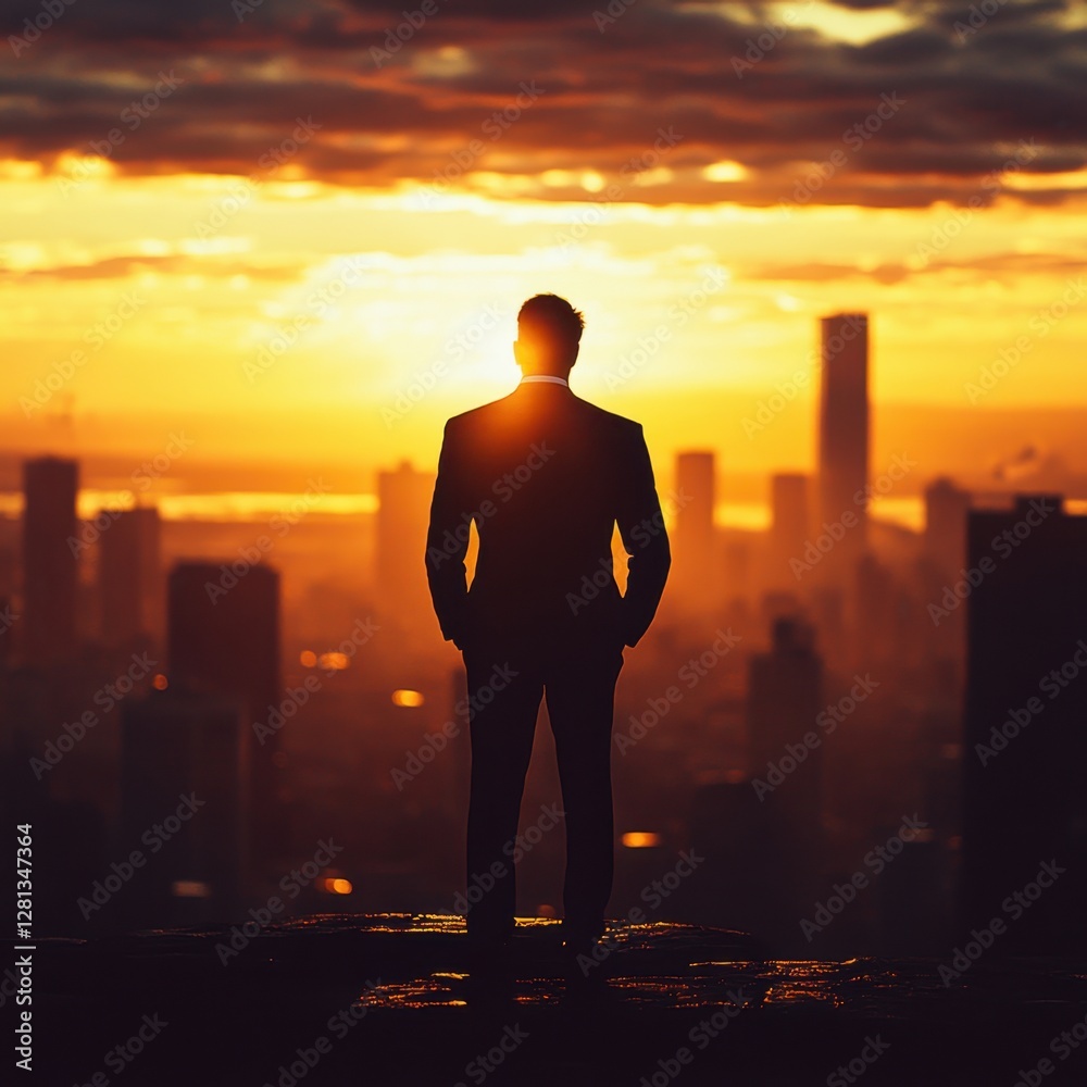 Fototapeta premium Silhouette of a Confident Businessman Standing Against a Dramatic Sunset Overlooking a Modern Cityscape with Orange Hues