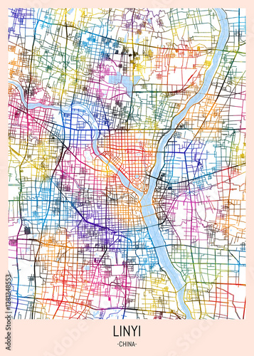 Linyi China City Map, downtown tourism, house art travel, scenic metropolis concept, travel art city, patriotic abstract banner