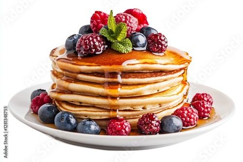 Wallpaper Mural Stacked pancakes topped with fresh berries and syrup on a white plate Torontodigital.ca