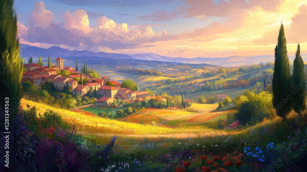 Obraz premium Serene Countryside Landscape at Sunset with Rolling Hills and Houses