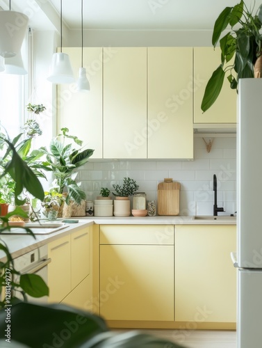 A yellow kitchen with plants and sunlight