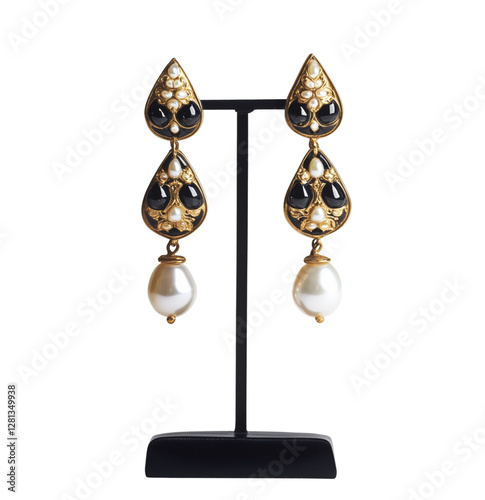 a Jessica's gold mundane pearl earrings isolated on a transparent background