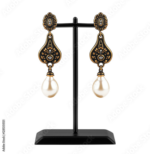 a Jessica's gold mundane pearl earrings isolated on a transparent background