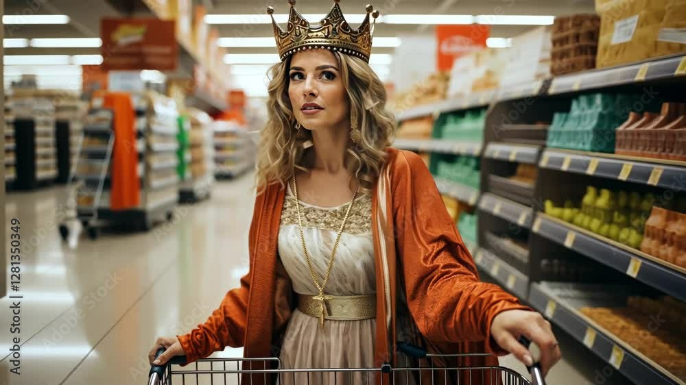 Beautiful woman in queen costume with shopping cart shopping in store showing contrast between luxury and everyday life. Luxury shopping concept, Black friday.