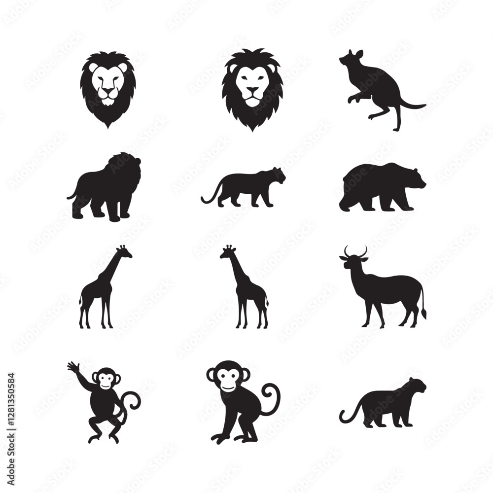 Obraz premium animal silhouettes icon set including dog, elephant, wolf, bear, lion, and cat in black vector illustration