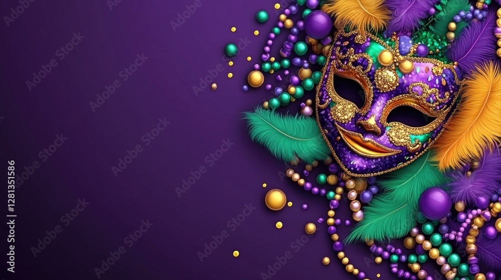 Fototapeta premium Colorful mardi gras mask with feathers and beads on purple background. Mardi Gras, Fat Tuesday, Carnival Season. Bright Parades, Masks, Festive Costumes, Vibrant Atmosphere