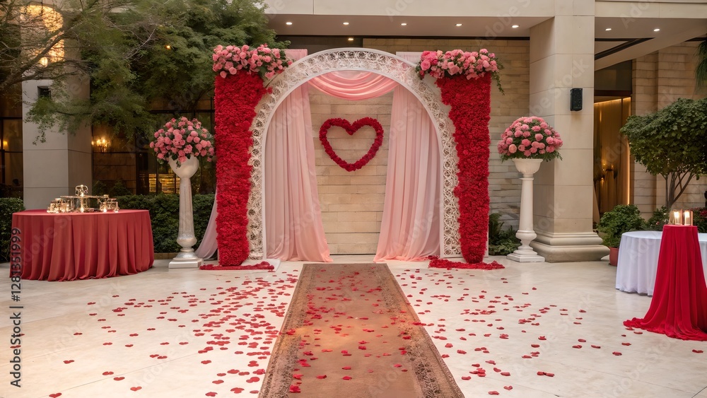 Romantic Wedding Ceremony Setup with Red and Pink Floral Arch