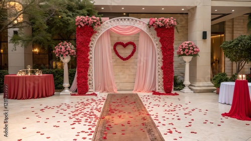 Obraz na płótnie Romantic Wedding Ceremony Setup with Red and Pink Floral Arch w salonie