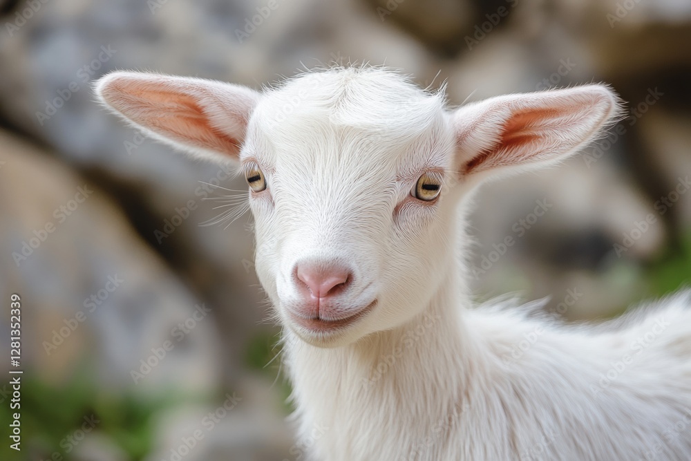 Cute young goat with fluffy white fur looking curiously at the camera in a natural setting with rocks and greenery. Generative AI Cute young goat with fluffy white fur looking curiously at the camera in a natural setting with rocks and greenery. Generative AI