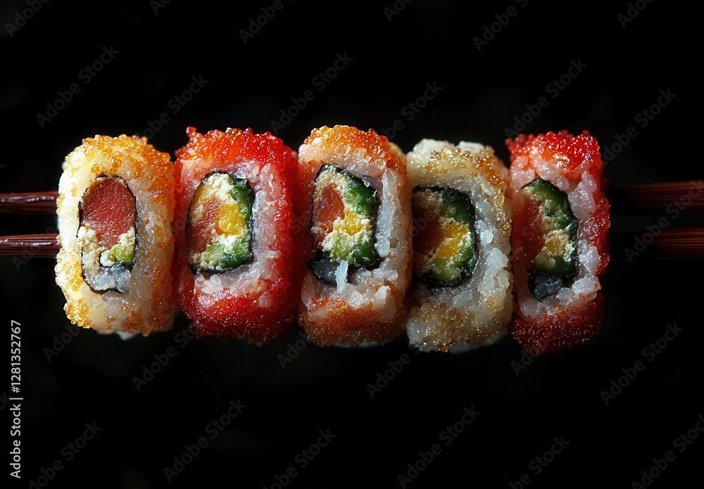 Colorful sushi rolls arranged neatly on chopsticks against a dark background showcasing delicious ingredients and vibrant presentation for food lovers Colorful sushi rolls arranged neatly on chopsticks against a dark background showcasing delicious ingredients and vibrant presentation for food lovers