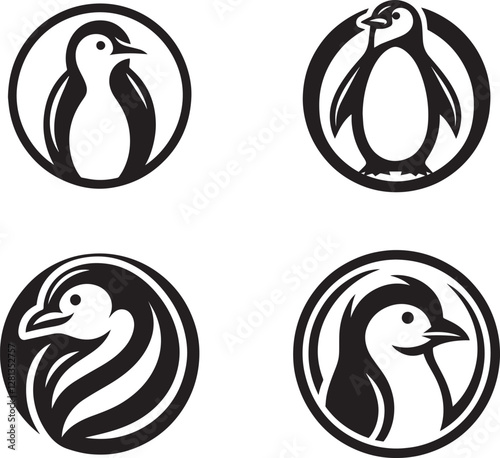 A set of penguin circle logos, black and white shapes, animal logos, and icons, penguin silhouette design