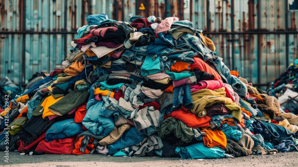 Naklejka premium The image depicts a large old pile of discarded clothing items stacked into a mound, symbolizing waste or fast fashion excess