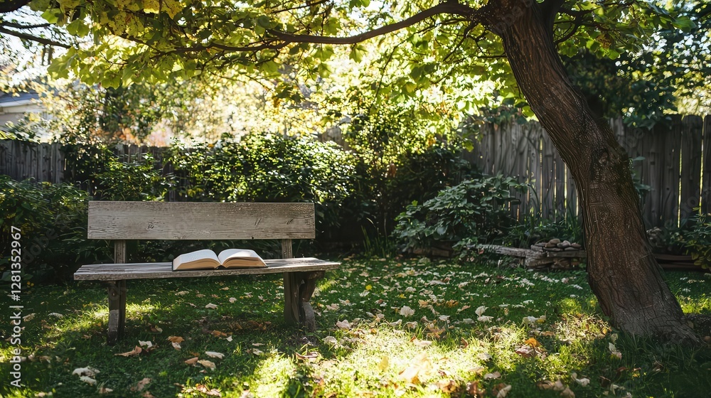 Serene Autumn Garden Scene with Book on Bench Serene Autumn Garden Scene with Book on Bench