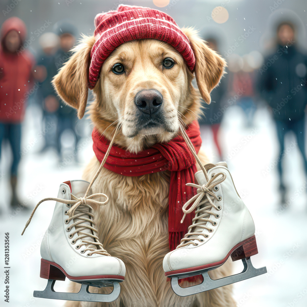 Φωτογραφία A golden retriever wearing a red beanie and scarf holds a pair of ice skates in
