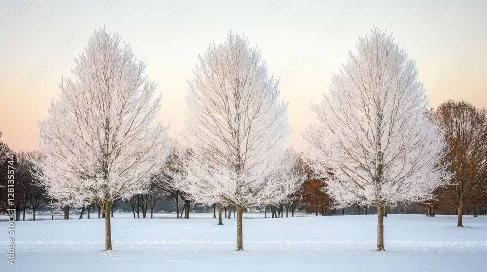 Frost-laden trees paint a snowy white scene against the cold winter sky Frost-laden trees paint a snowy white scene against the cold winter sky