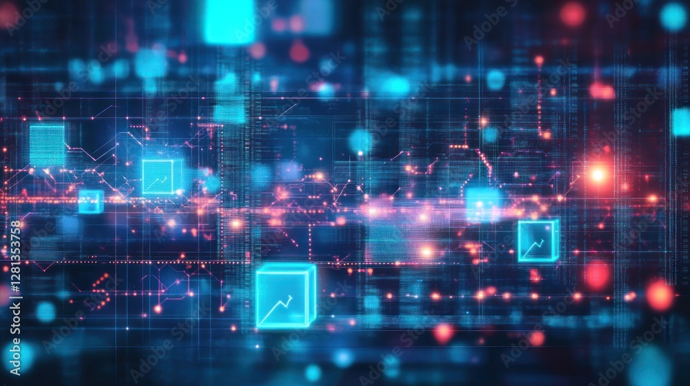 Abstract digital data flow with glowing cubes and lines. Abstract digital data flow with glowing cubes and lines.