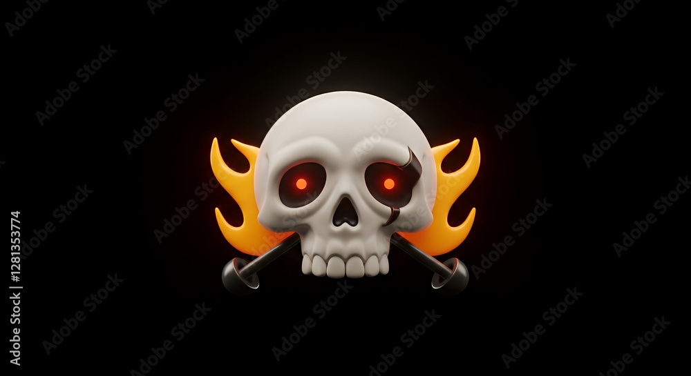 Skull with Flaming Swords and Red Eyes Scary and Stylized Icon Skull with Flaming Swords and Red Eyes Scary and Stylized Icon