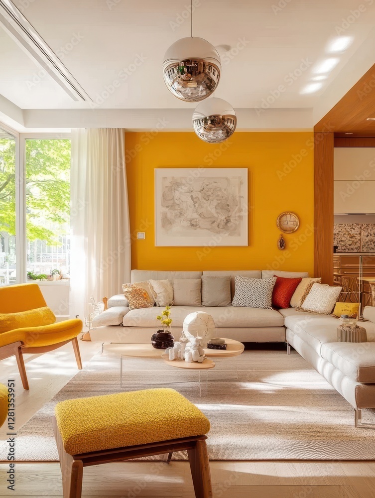 Fototapeta premium A modern interior displays a yellow walled living room
