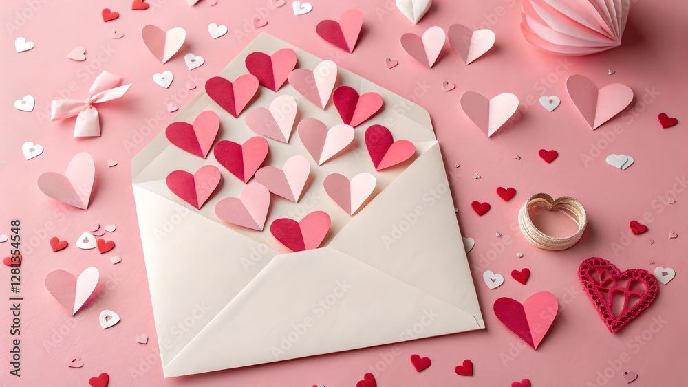 Romantic Valentine Envelope with Paper Hearts on Pink Background