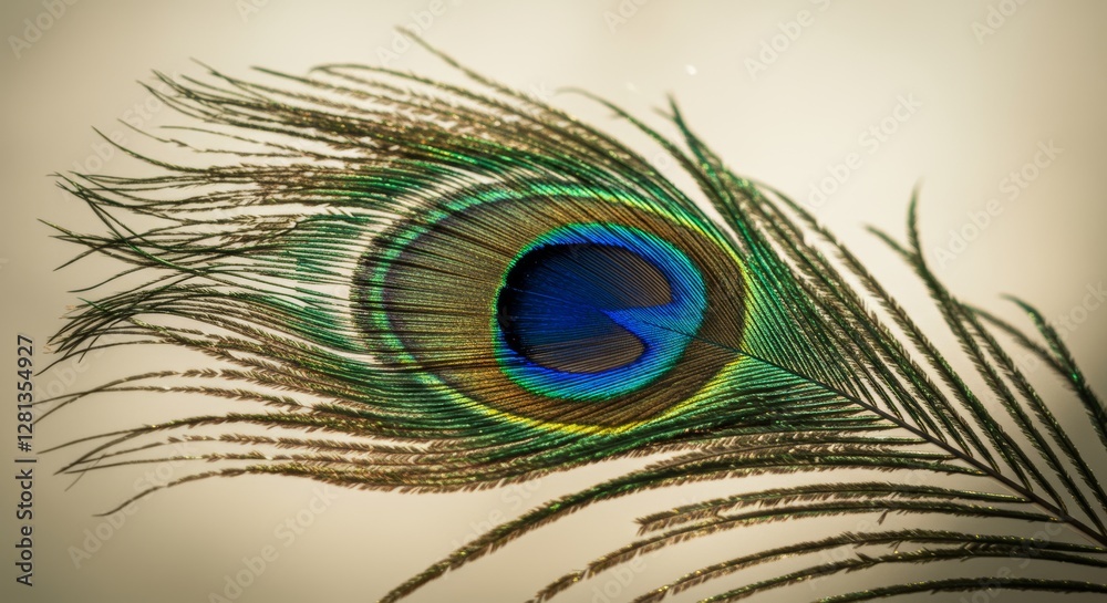 Fototapeta premium Elegant peacock feather displaying iridescent colors under gentle light