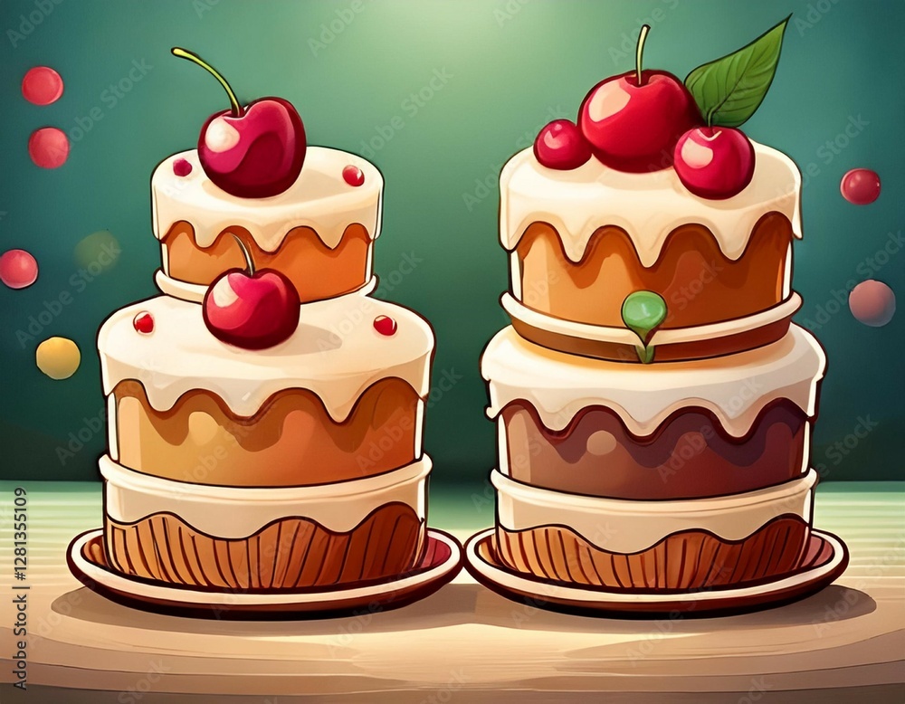 adorable cartoon cakes with cherries cute dessert treats sweet bakery pastry adorable cartoon cakes with cherries cute dessert treats sweet bakery pastry