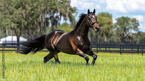 Bay horse in motion on lush green grass