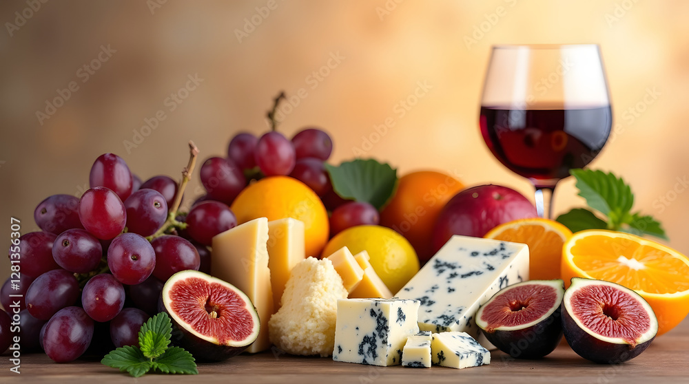 Abundant Harvest: A Vibrant Display of Fresh Fruits, Cheese, and Wine on a Rustic Wooden Board Abundant Harvest: A Vibrant Display of Fresh Fruits, Cheese, and Wine on a Rustic Wooden Board