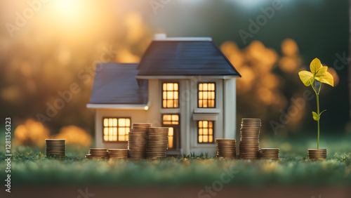 A house with a large pile of coins next to it