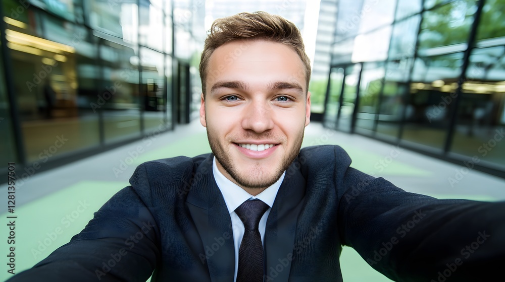 Smiling Businessman Selfie Modern Office Building Smiling Businessman Selfie Modern Office Building