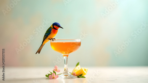 Tropical Harmony: A Vibrant Bee-Eater Perched on a Golden Cocktail Glass with Citrus Garnish Against a Serene Sunset Backdrop