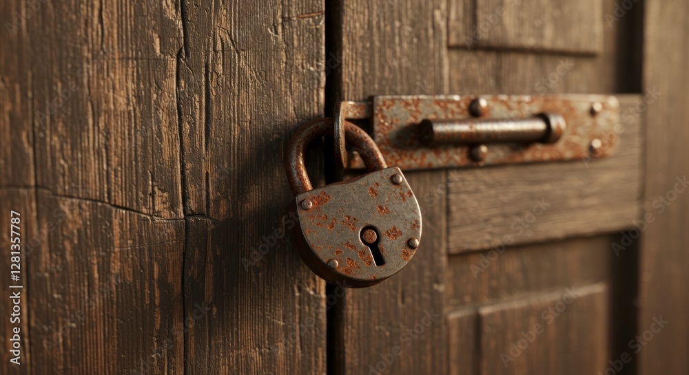 Weathered padlock guarding an aged wooden door, evoking a sense of mystery Weathered padlock guarding an aged wooden door, evoking a sense of mystery