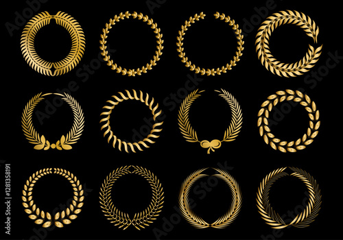 Set of Golden laurel wreath symbol on a black background.