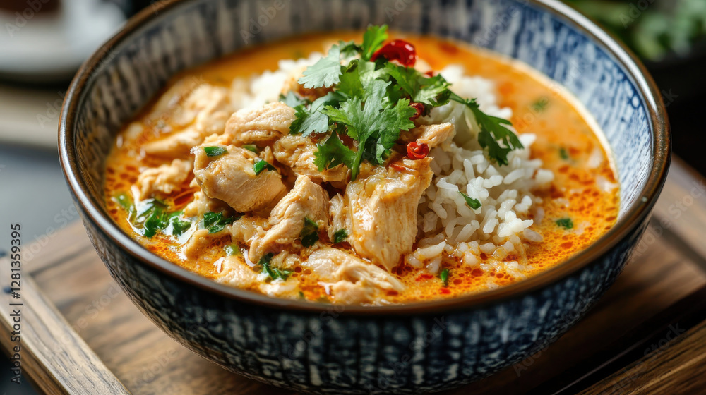 comforting bowl of chicken khao tom with rice, garnished with herbs and spices comforting bowl of chicken khao tom with rice, garnished with herbs and spices