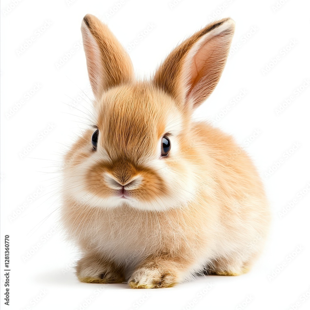 Obraz premium Fluffy tan bunny on white, symbolizing innocence and springtime. Great for pet care, Easter promotions, children's books, and animal welfare campaigns.