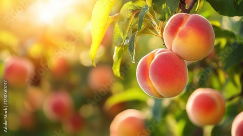 Ripe peaches hanging on a tree branch in a sunny orchard with a soft focus background and warm light creating a peaceful mood