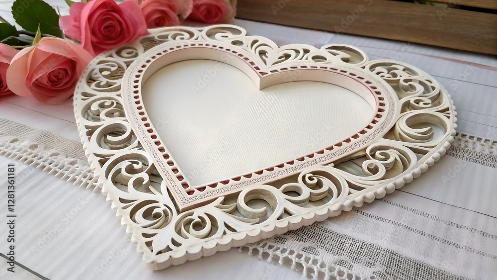 Elegant White Heart Frame with Pink Roses for Valentines Day