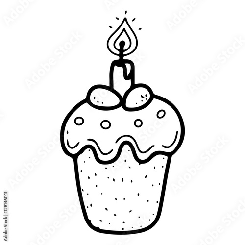 Easter cake with eggs and burning candle. Hand drawn doodle. Celebration event. Holiday food. Cream cake. Traditional dessert. Religious bread. Vector line art illustration.