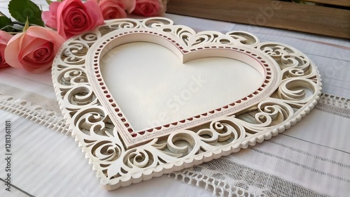 Obraz na płótnie Elegant White Heart Frame with Pink Roses for Valentines Day w salonie