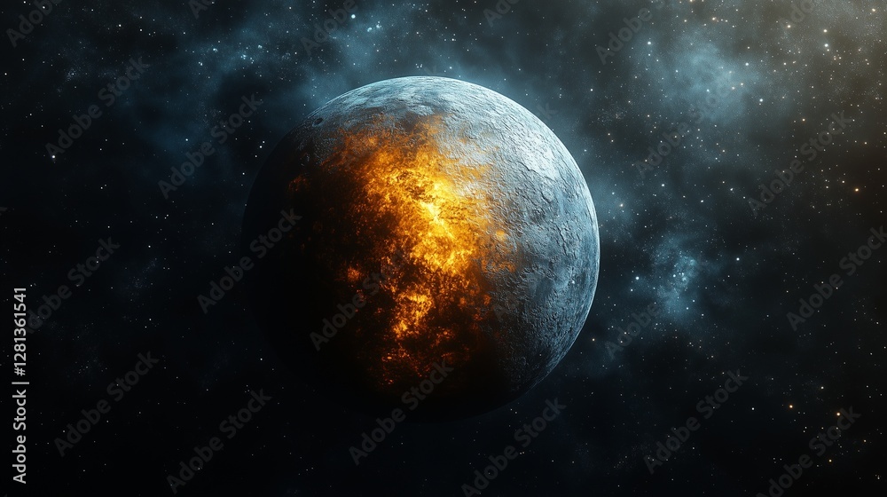 Fototapeta premium A celestial body glowing with fiery light in the vastness of space surrounded by stars and cosmic dust