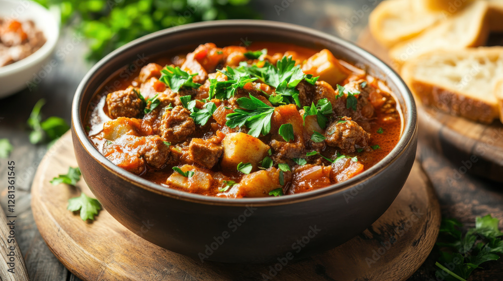 hearty bowl of goulash with tender meat and fresh parsley, perfect for cozy meal hearty bowl of goulash with tender meat and fresh parsley, perfect for cozy meal