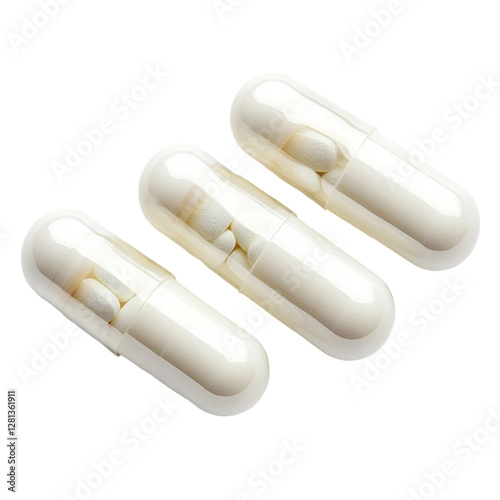 Three White Capsules Filled with Small Pellets - Pharmaceutical Image
