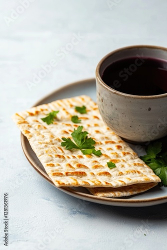 Crisp matzah garnished with herbs served alongside cup of rich w photo