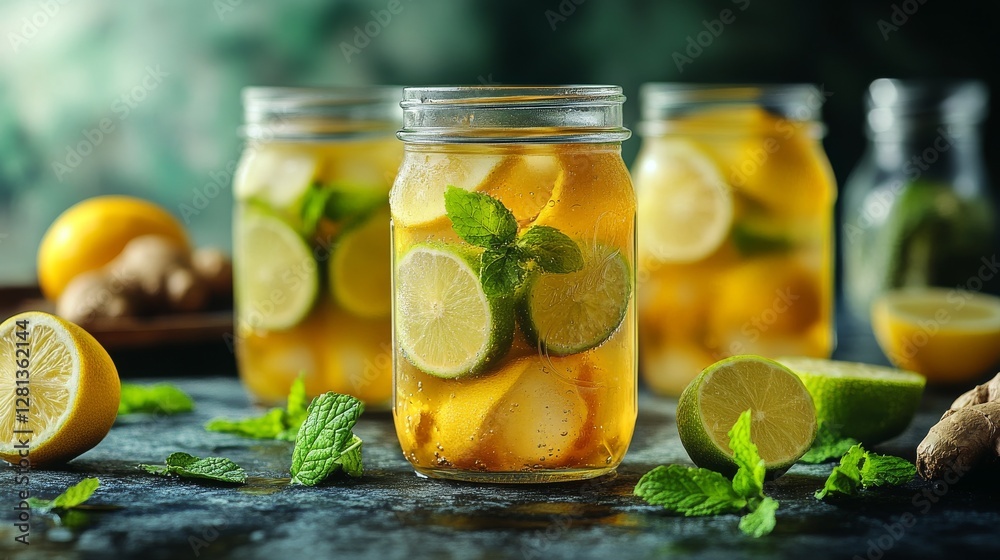 Refreshing iced tea with lemon, lime, mint, and ginger in mason jars. Refreshing iced tea with lemon, lime, mint, and ginger in mason jars.