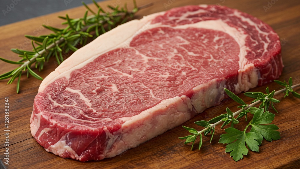 Raw marbled ribeye on wooden board Raw marbled ribeye on wooden board